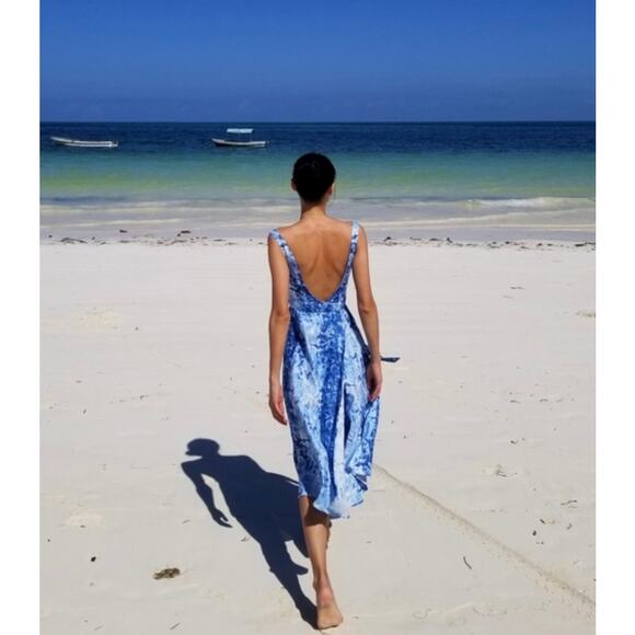 Reformation Garten Blue Tie Dye Wrap Midi Dress Linen Medium Low Back Spring - Picture 2 of 8